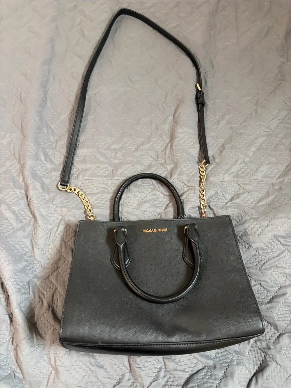 Michael Kors Black Saffiano Satchel with Gold Chain Accent